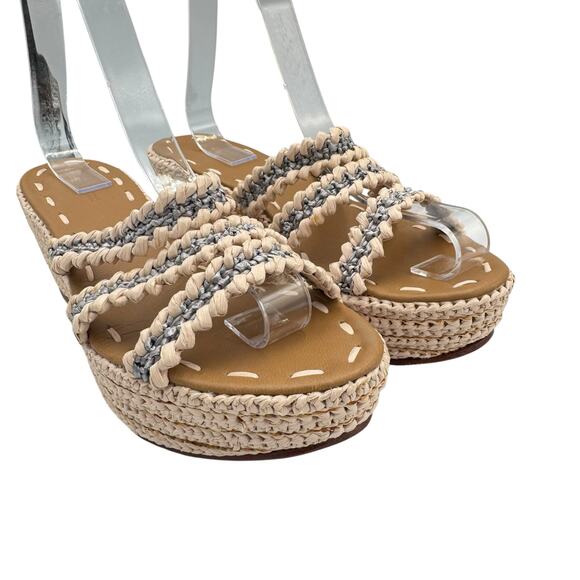 Carrie Forbes Said Raffia 3 Strap Neutral Gray Open Toe Espadrille Wedge Sandals - Picture 5 of 12